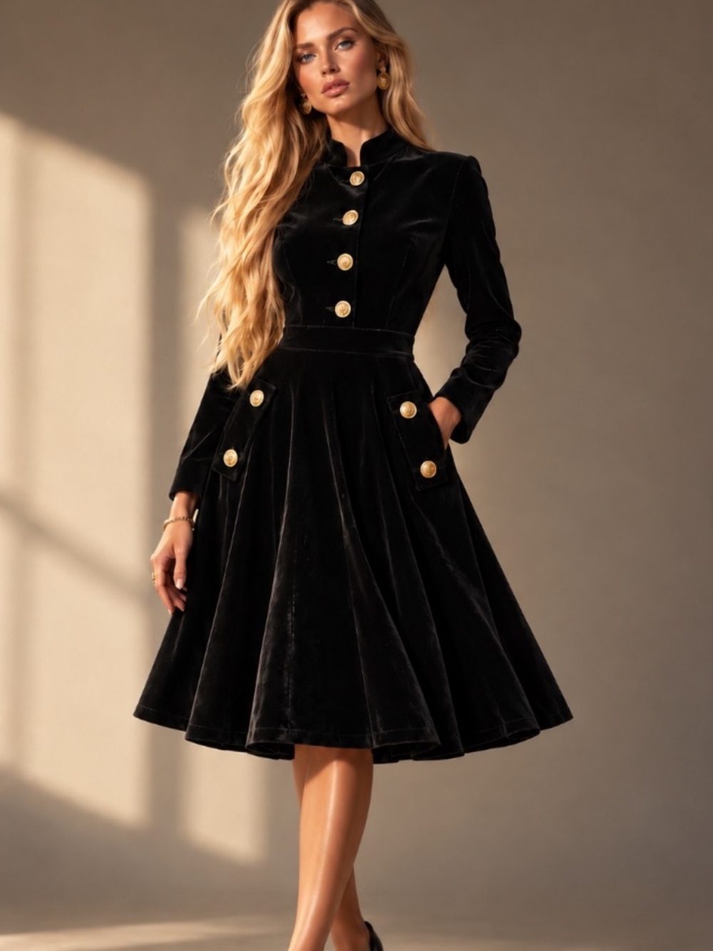 Feiinvan Black Velvet Mandarin Collar Fit & Flare Midi Dress with Gold Buttons